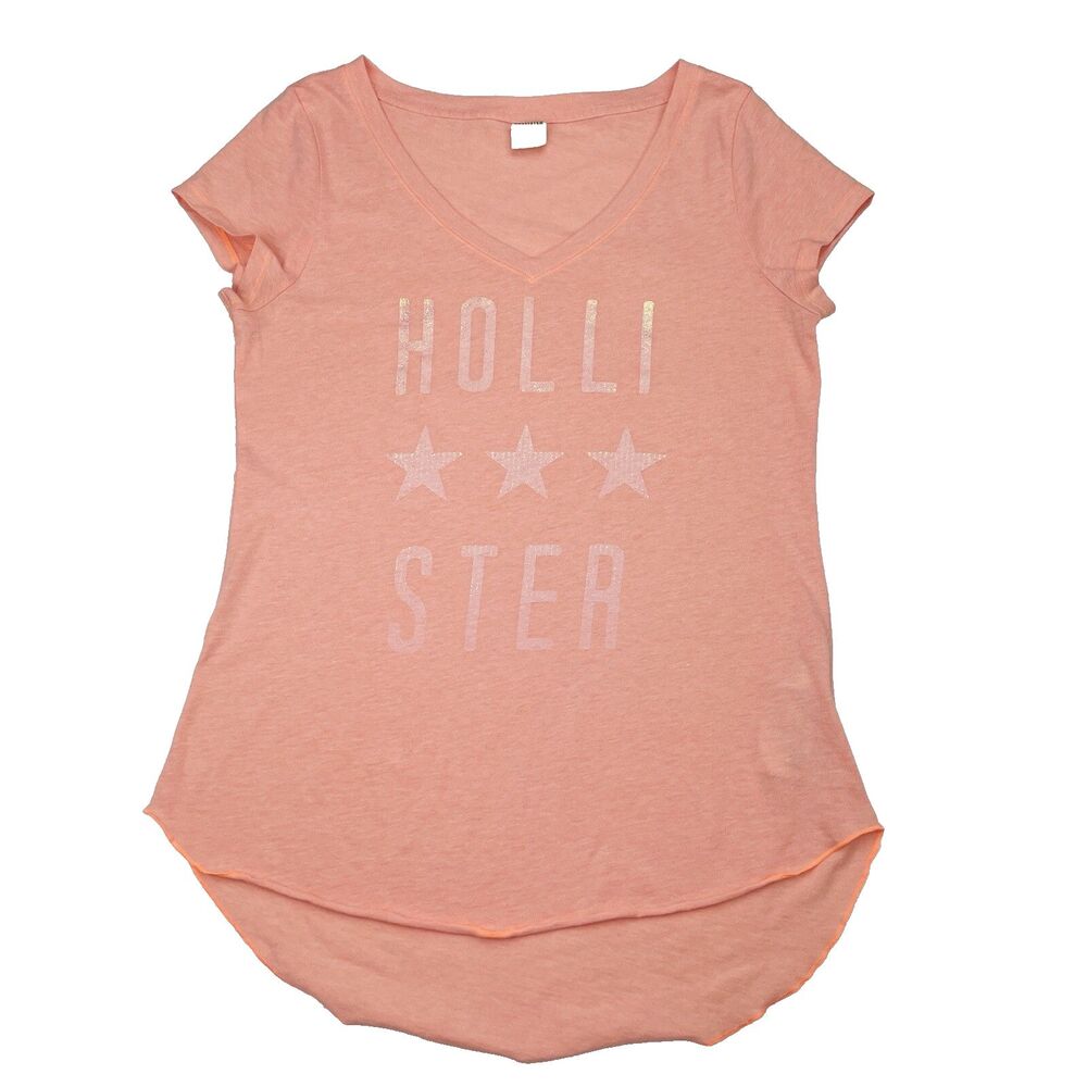 Hollister Top Womens M Coral Orange V Neck Flowy Graphic Tee Y2K Summer Beachy